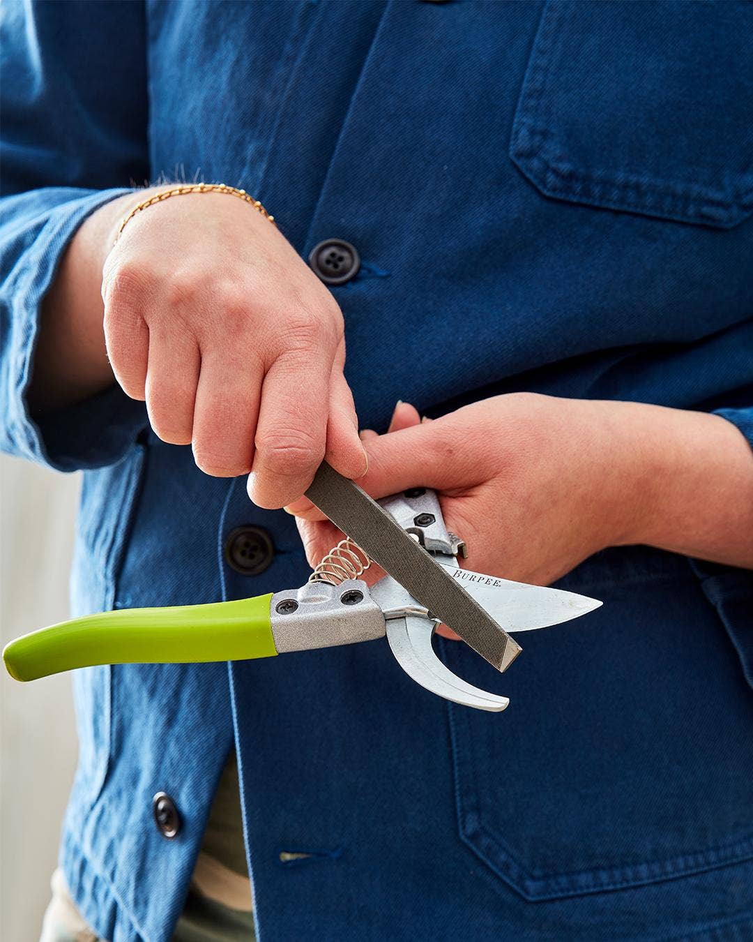 A gardener sharpens pruning shears.