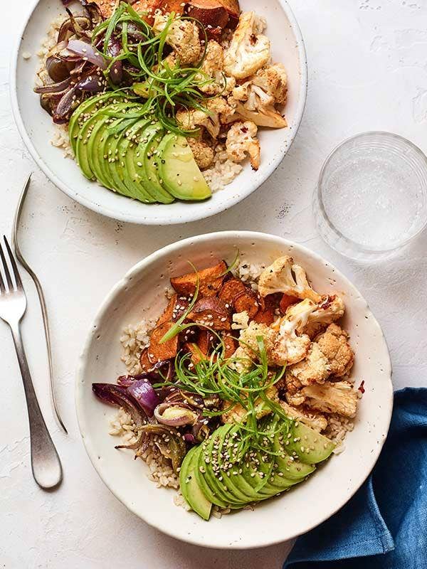 Veggie grain bowl on table.