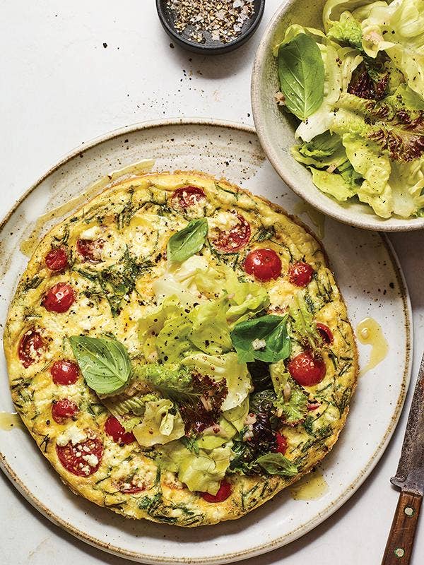 Plated tomato and herb frittata on table