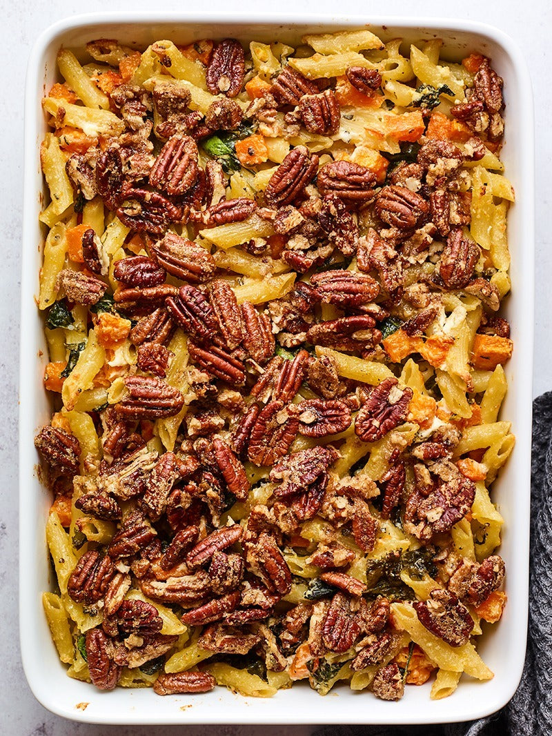 Butternut Sage Penne Bake with Kale, Spinach & Pecans Recipe