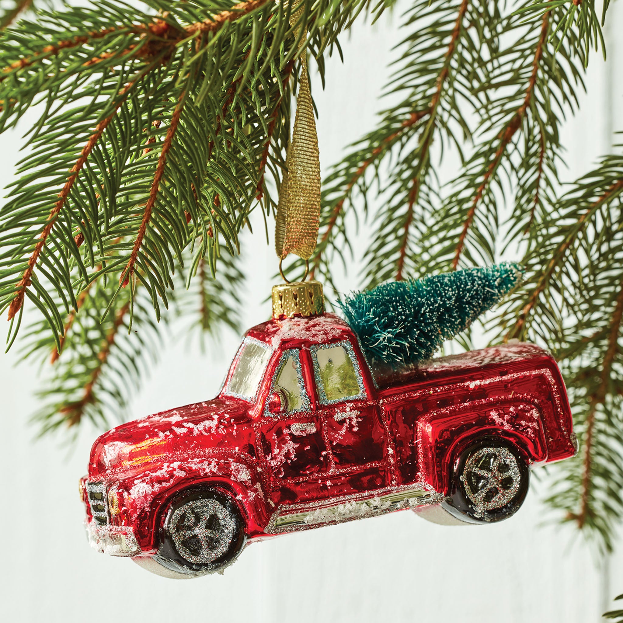 Red Truck with Christmas Tree Glass Ornament