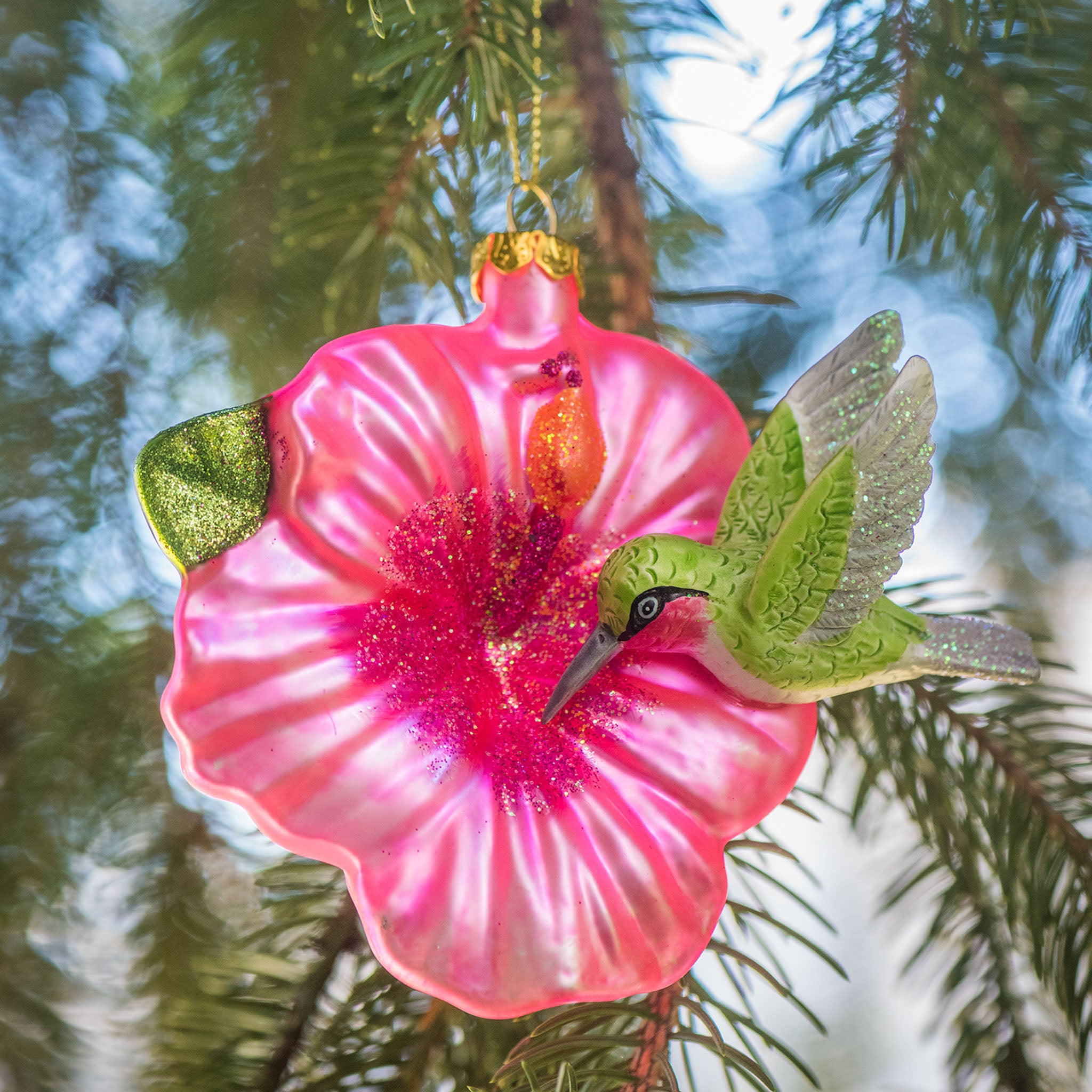 Hummingbird On Trumpet Flower Glass Ornament