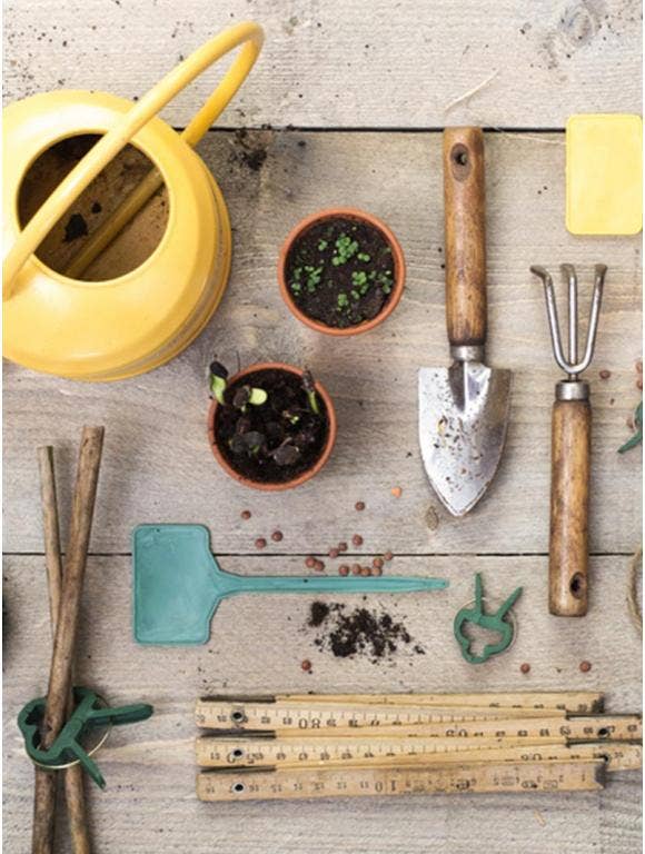 An array of gardening tools and accessories on a wood background.